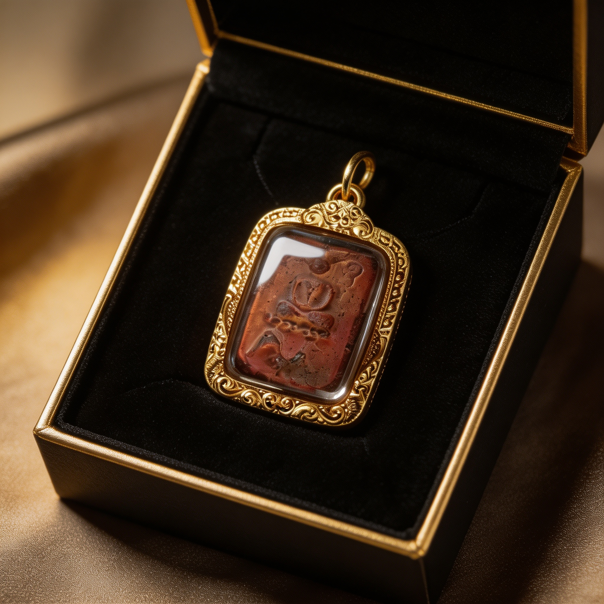 Thailändisches Luang Phor Ruam Amulett (goldfarbener Rahmen, roter Stein), thailändischer Volksanhänger, heiliger Glücksbringer zum Tragen
