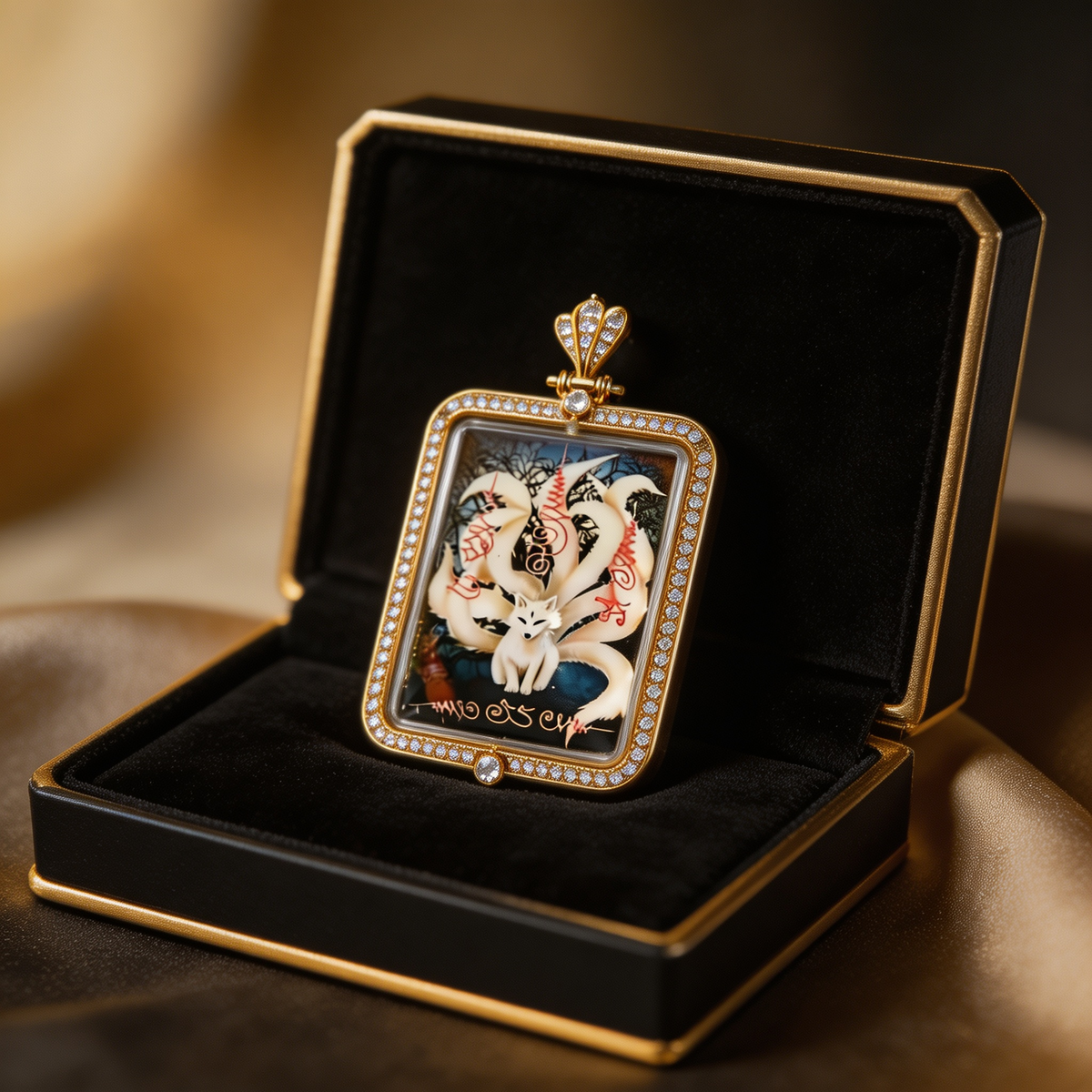 Thai Nine-Tailed Fox Fairy Amulet (Square Gold-Frame Diamond-Set), Thai Folk Pendant, Sacred Fortune-Wearing Talisman