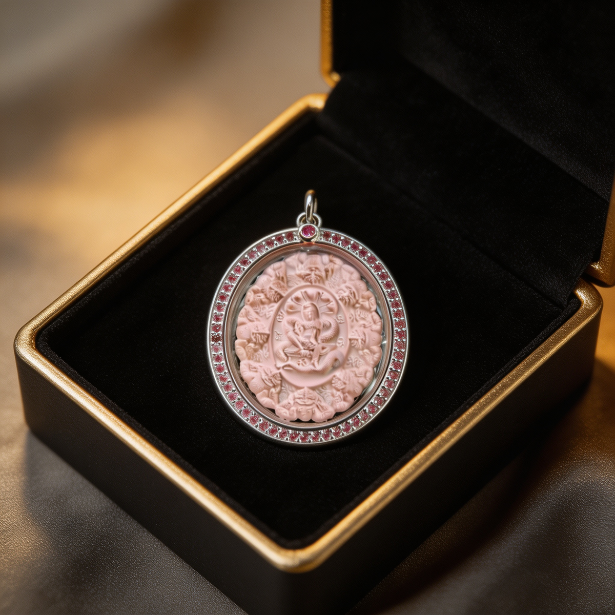 Thailändisches Jatukham Rammathep (silbergefasster, diamantbesetzter rosa Stein), thailändischer Volksanhänger, heiliger Talisman für Glücksbringer