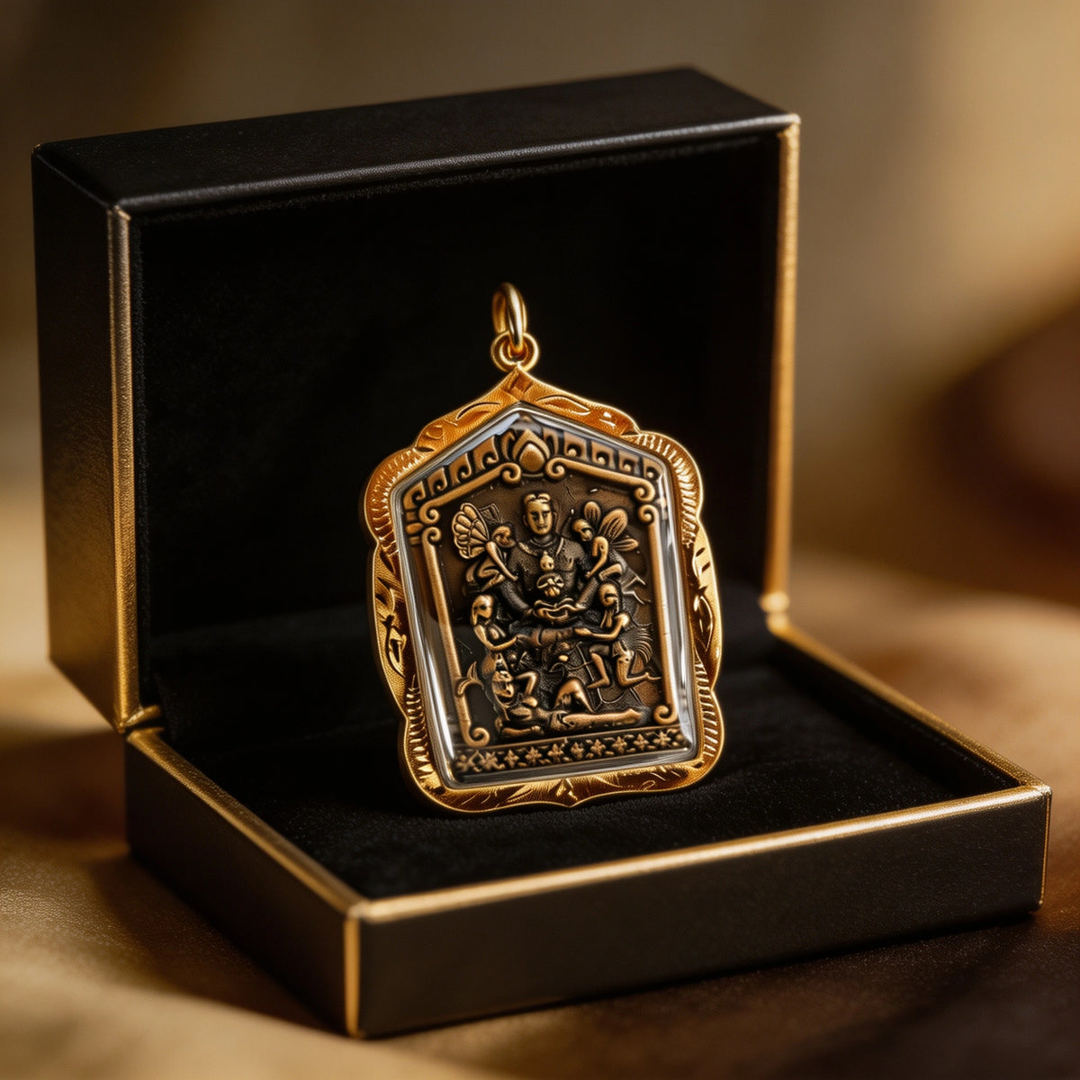 Thailändisches Khun Paen mit Ehefrau-Amulett (Goldlegierungsrahmen), thailändischer Volksanhänger, heiliger Glücksbringer