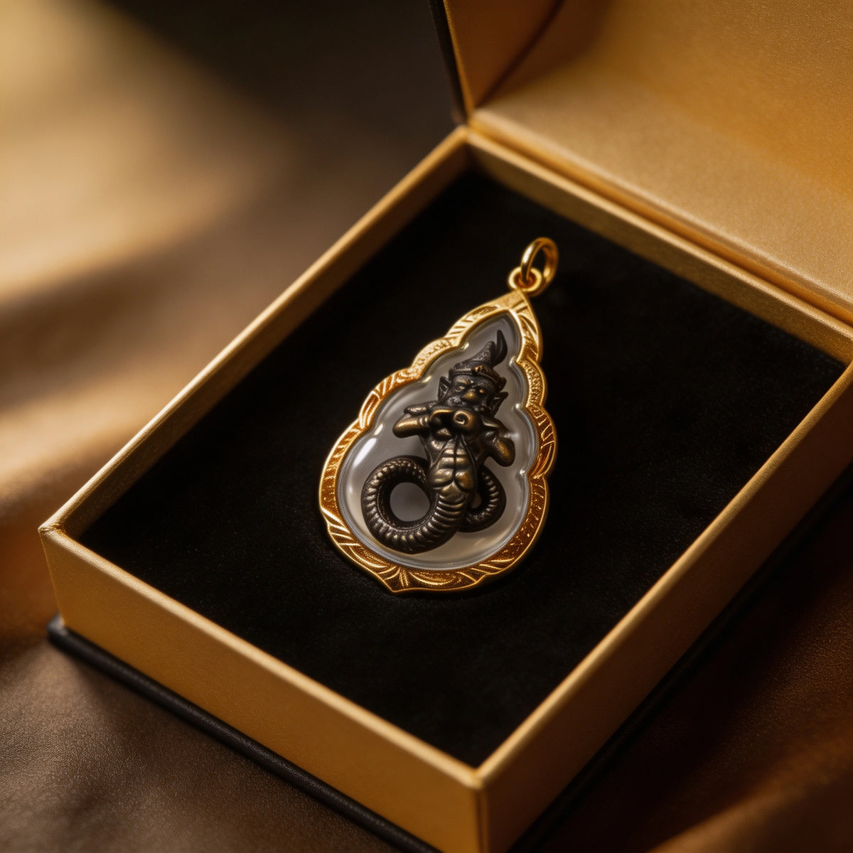 Thailändisches Phra-Rahu-Amulett (tropfenförmiger Goldrahmen), thailändischer Volksanhänger, heiliger Glücksbringer
