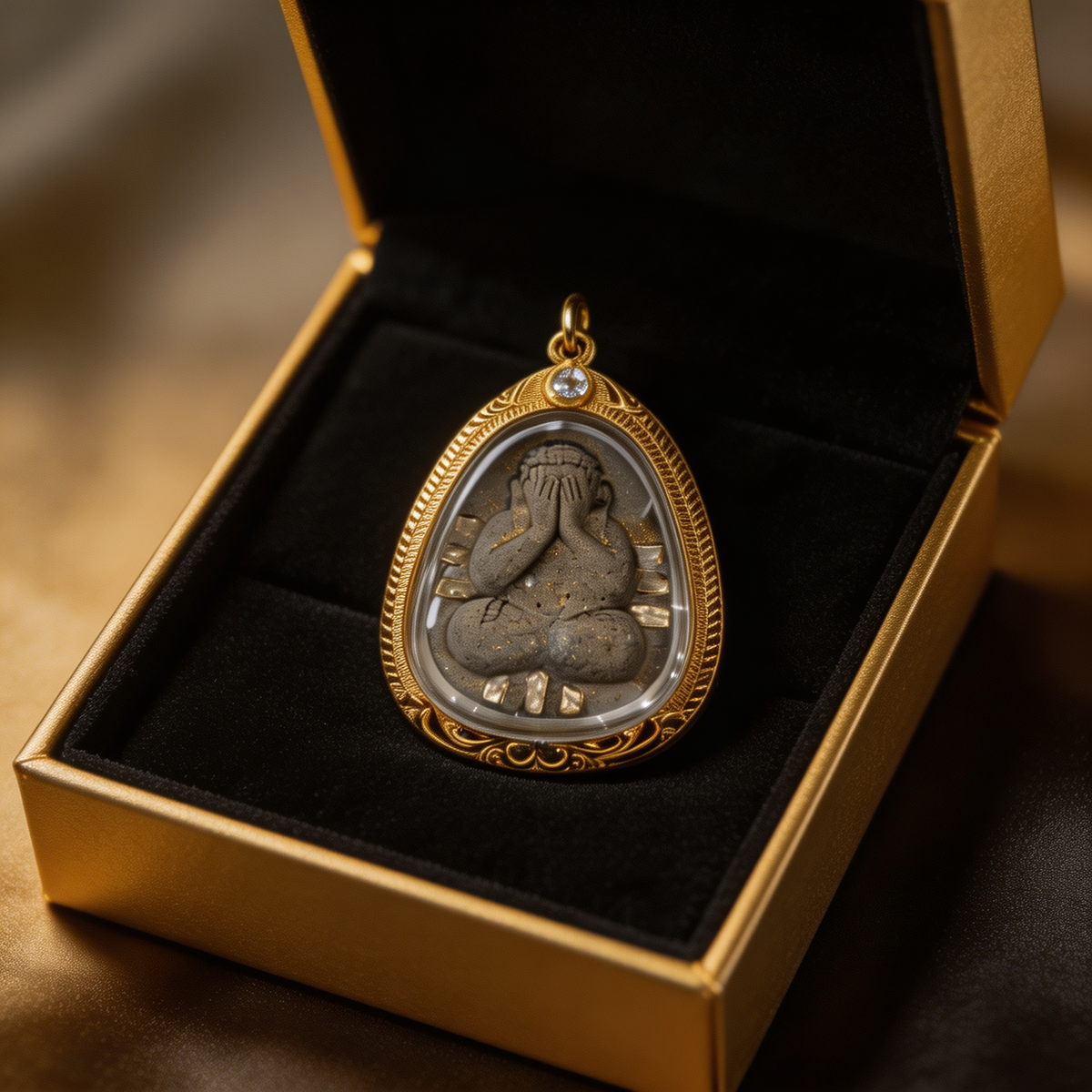 Thailändisches Phra Pidta Amulett (Buddha mit verdecktem Gesicht, grauer Stein mit Goldrahmen), thailändischer Volksanhänger, heiliger Glücksbringer