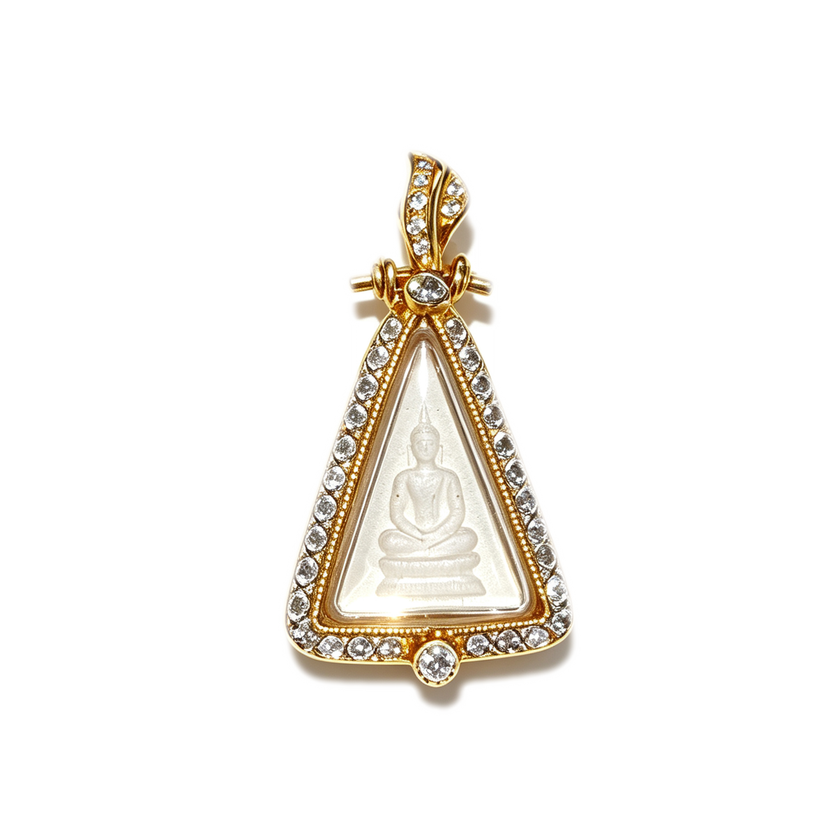 Thai Queen Nang Phaya Amulet (Gold-Frame Triangle White Stone), Thai Folk Pendant, Sacred Fortune-Wearing Talisman