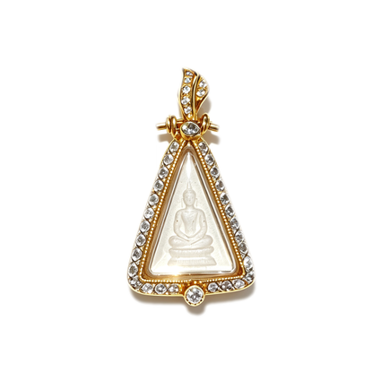 Thai Queen Nang Phaya Amulet (Gold-Frame Triangle White Stone), Thai Folk Pendant, Sacred Fortune-Wearing Talisman
