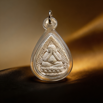 Amulette thaïlandaise Phra Pidta (Bouddha aux mains sur le visage), pendentif traditionnel thaï en acrylique en forme de goutte avec pierre blanche, talisman sacré porte-bonheur
