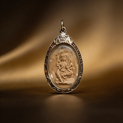Thai Phra Phrom Four-Faced Buddha Amulet (Oval Engraved Gold Case), Thai Folk Pendant, Sacred Fortune-Wearing Talisman