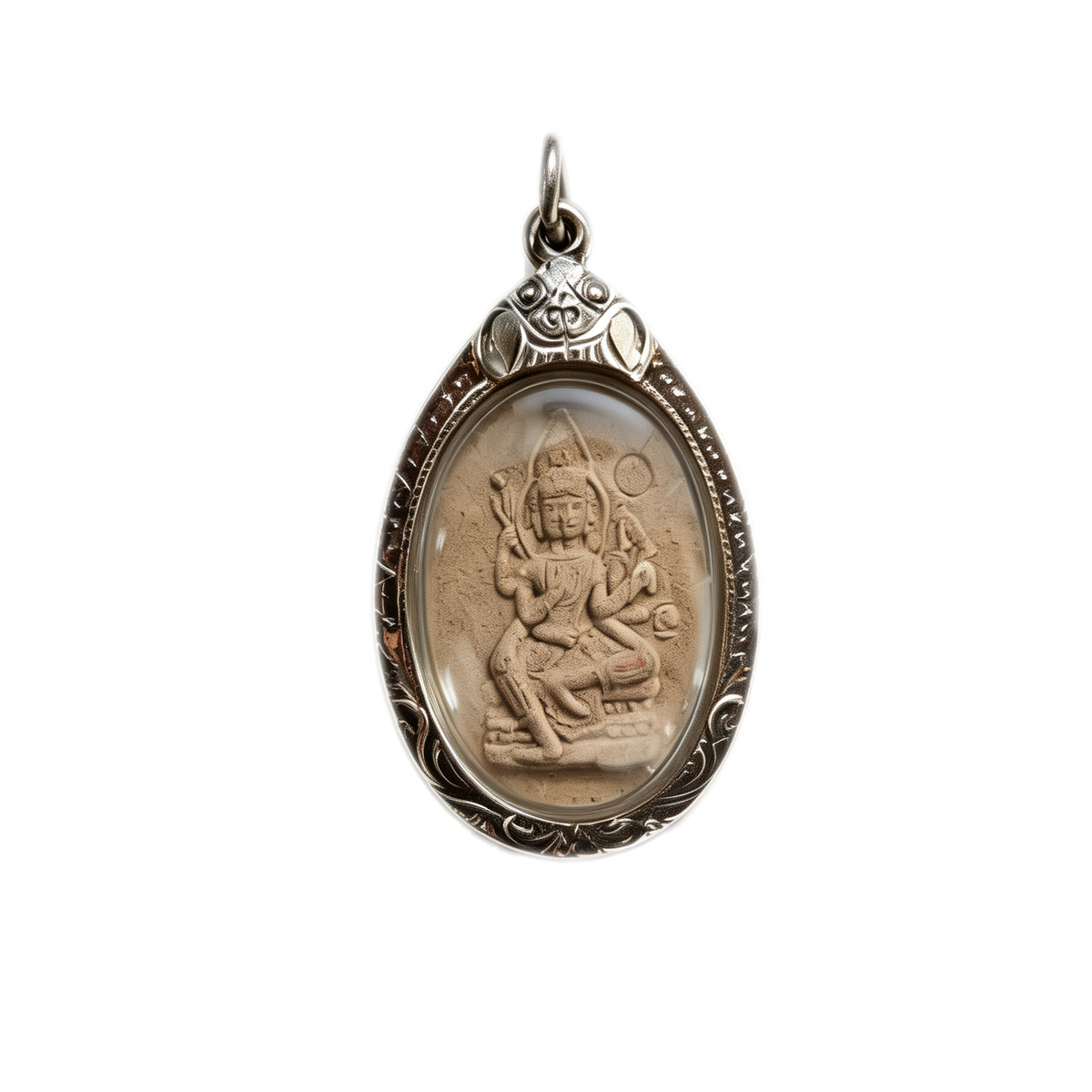 Thai Phra Phrom Four-Faced Buddha Amulet (Oval Engraved Gold Case), Thai Folk Pendant, Sacred Fortune-Wearing Talisman