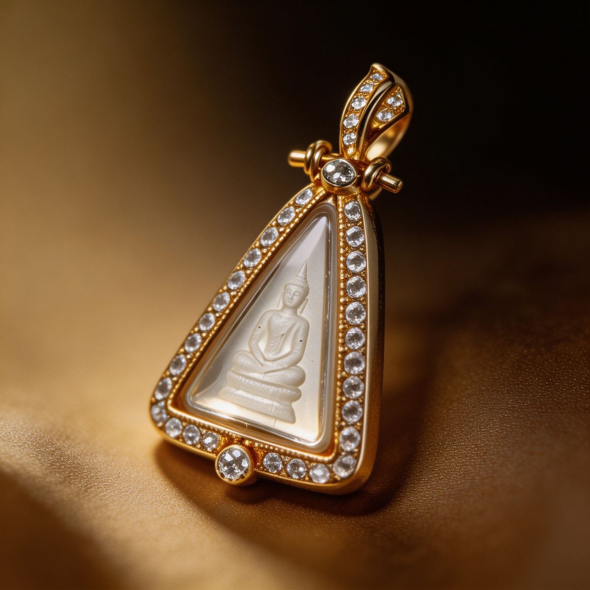 Thai Queen Nang Phaya Amulet (Gold-Frame Triangle White Stone), Thai Folk Pendant, Sacred Fortune-Wearing Talisman