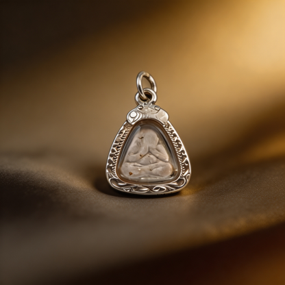 Thailändisches Phra Pidta Amulett mit verhülltem Buddha (Mini-Silberrahmen), thailändischer Volksanhänger, heiliger Glücksbringer