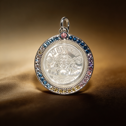 Amulette thaïlandaise Phra Rahu (édition en coquillage sertie de diamants), pendentif folklorique thaïlandais, talisman sacré porte-bonheur