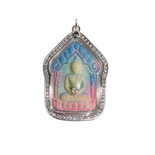 Thailändisches Khun-Paen-Buddha-Amulett (Silberrahmen mit farbigen Steinen), thailändischer Volksanhänger, heiliger Glücksbringer