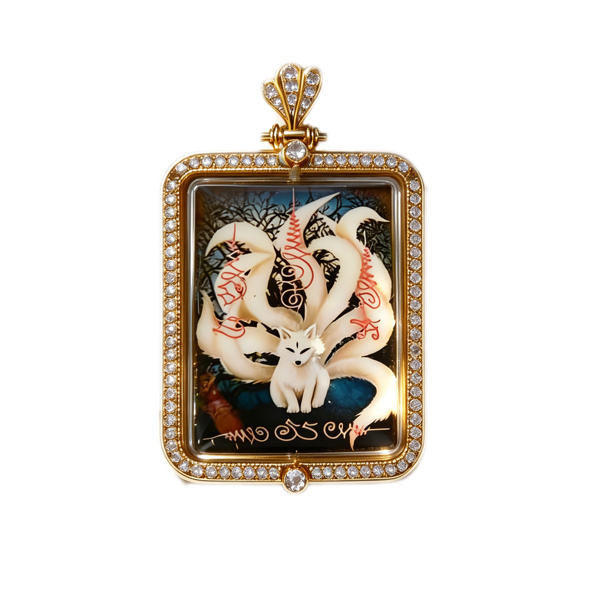 Thai Nine-Tailed Fox Fairy Amulet (Square Gold-Frame Diamond-Set), Thai Folk Pendant, Sacred Fortune-Wearing Talisman