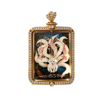 Thailändisches Amulett der neunschwänzigen Fuchsfee (quadratischer Goldrahmen mit Diamantbesetzung), thailändischer Volksanhänger, heiliger Glücksbringer