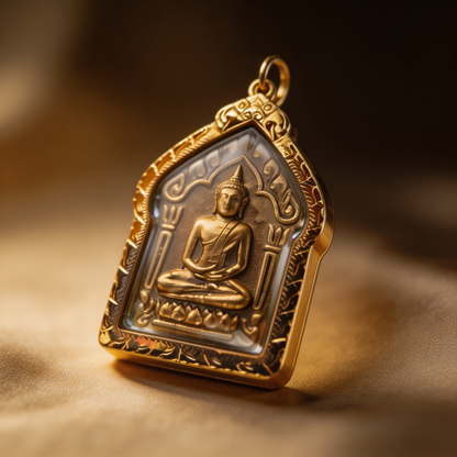 Thai Khun Phaen Buddha Amulet (All Gold Edition), Thai Folk Pendant, Sacred Fortune-Wearing Talisman