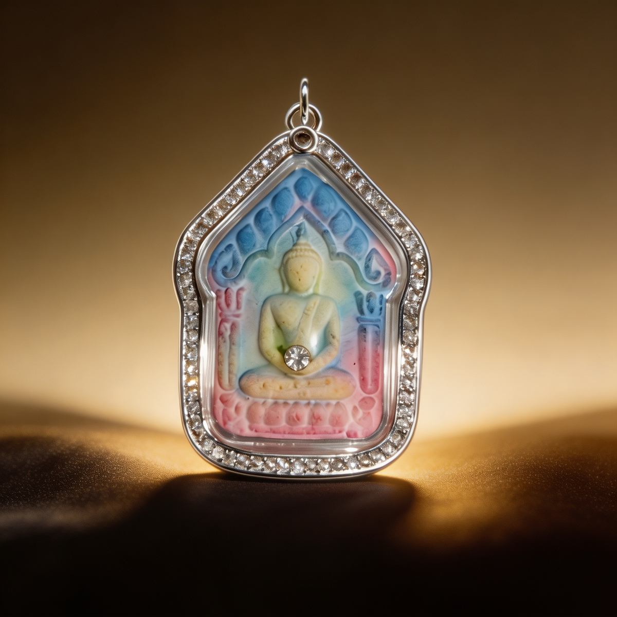 Thai Khun Paen Buddha Amulet (Silver-Frame Colored Stone), Thai Folk Pendant, Sacred Fortune-Wearing Talisman