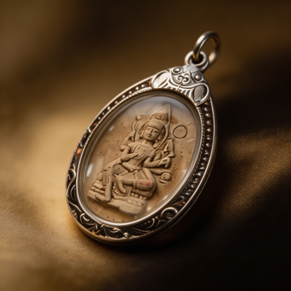 Thai Phra Phrom Four-Faced Buddha Amulet (Oval Engraved Gold Case), Thai Folk Pendant, Sacred Fortune-Wearing Talisman