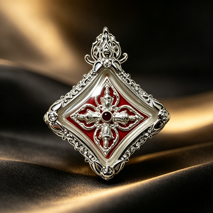 Thailändisches Phra Phrom Viergesicht-Buddha-Amulett (Silber Mini), thailändischer Volksanhänger, heiliger Glücksbringer