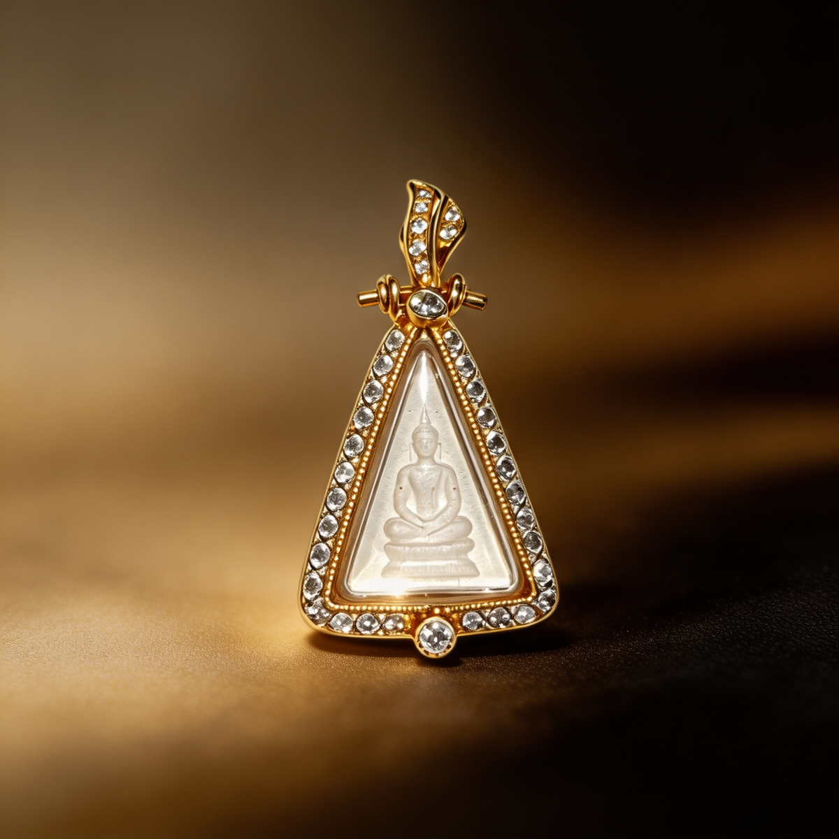 Thai Queen Nang Phaya Amulet (Gold-Frame Triangle White Stone), Thai Folk Pendant, Sacred Fortune-Wearing Talisman