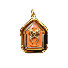 Thailändisches Khun Phaen Buddha-Amulett (Goldrahmen Orange), thailändischer Volksanhänger, heiliger Glücksbringer