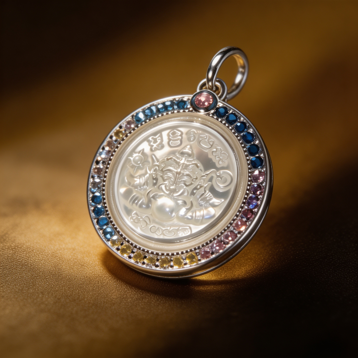 Amulette thaïlandaise Phra Rahu (édition en coquillage sertie de diamants), pendentif folklorique thaïlandais, talisman sacré porte-bonheur