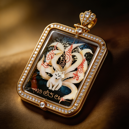 Thai Nine-Tailed Fox Fairy Amulet (Square Gold-Frame Diamond-Set), Thai Folk Pendant, Sacred Fortune-Wearing Talisman