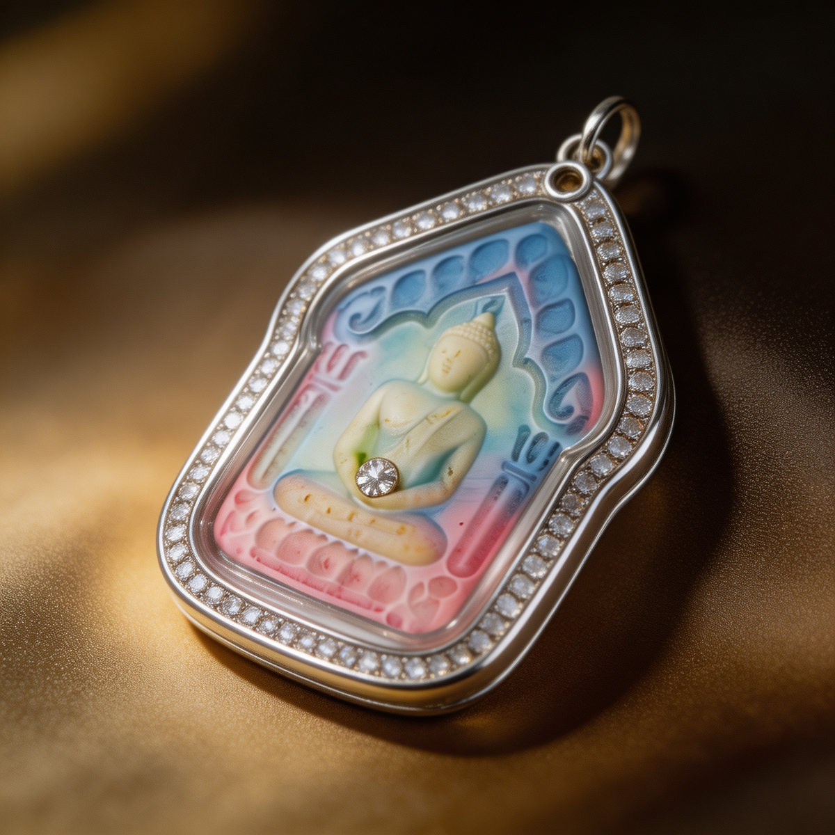 Thai Khun Paen Buddha Amulet (Silver-Frame Colored Stone), Thai Folk Pendant, Sacred Fortune-Wearing Talisman