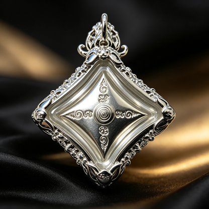 Thailändisches Phra Phrom Viergesicht-Buddha-Amulett (Silber Mini), thailändischer Volksanhänger, heiliger Glücksbringer