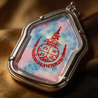 Thai Khun Paen Buddha Amulet (Silver-Frame Colored Stone), Thai Folk Pendant, Sacred Fortune-Wearing Talisman