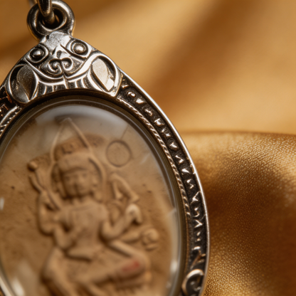 Thai Phra Phrom Four-Faced Buddha Amulet (Oval Engraved Gold Case), Thai Folk Pendant, Sacred Fortune-Wearing Talisman