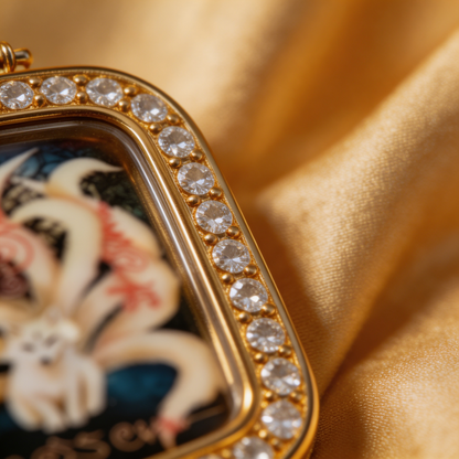 Thai Nine-Tailed Fox Fairy Amulet (Square Gold-Frame Diamond-Set), Thai Folk Pendant, Sacred Fortune-Wearing Talisman