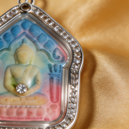 Thai Khun Paen Buddha Amulet (Silver-Frame Colored Stone), Thai Folk Pendant, Sacred Fortune-Wearing Talisman