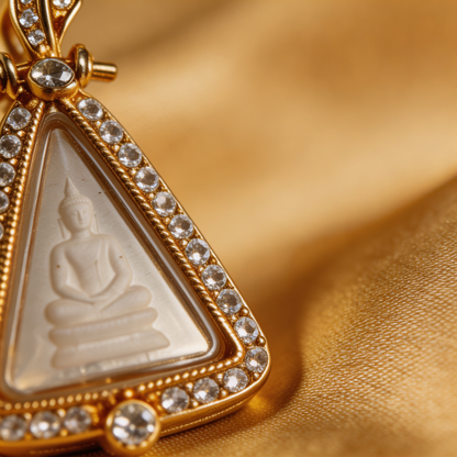 Thai Queen Nang Phaya Amulet (Gold-Frame Triangle White Stone), Thai Folk Pendant, Sacred Fortune-Wearing Talisman