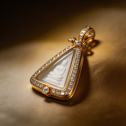 Thai Queen Nang Phaya Amulet (Gold-Frame Triangle White Stone), Thai Folk Pendant, Sacred Fortune-Wearing Talisman