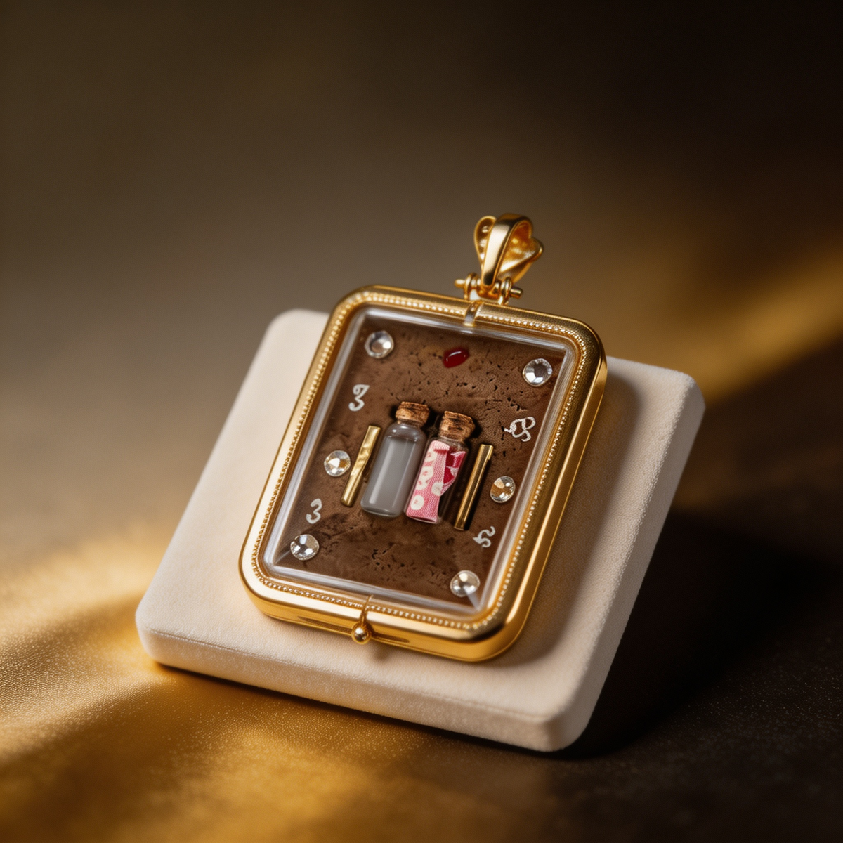 Thai Nine-Tailed Fox Fairy Amulet (Square Gold-Frame Diamond-Set), Thai Folk Pendant, Sacred Fortune-Wearing Talisman