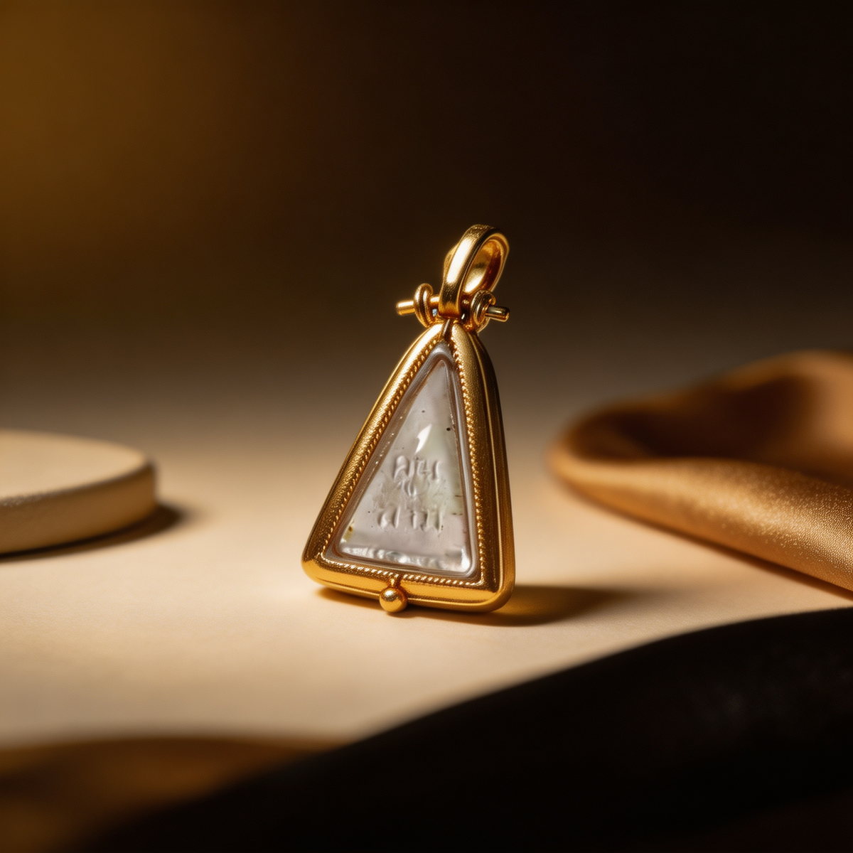 Thai Queen Nang Phaya Amulet (Gold-Frame Triangle White Stone), Thai Folk Pendant, Sacred Fortune-Wearing Talisman
