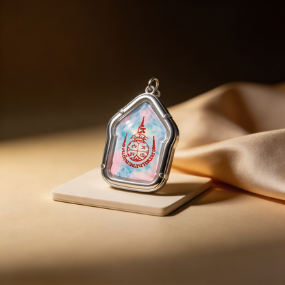 Thai Khun Paen Buddha Amulet (Silver-Frame Colored Stone), Thai Folk Pendant, Sacred Fortune-Wearing Talisman