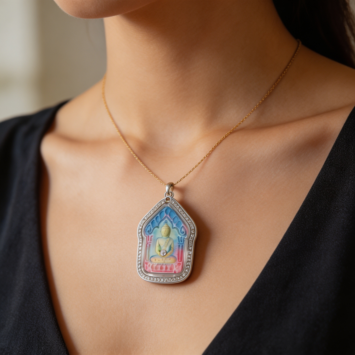 Thai Khun Paen Buddha Amulet (Silver-Frame Colored Stone), Thai Folk Pendant, Sacred Fortune-Wearing Talisman