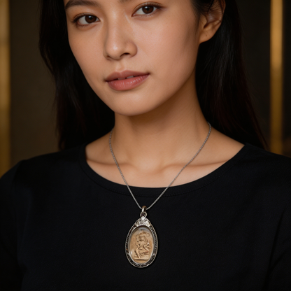 Thai Phra Phrom Four-Faced Buddha Amulet (Oval Engraved Gold Case), Thai Folk Pendant, Sacred Fortune-Wearing Talisman
