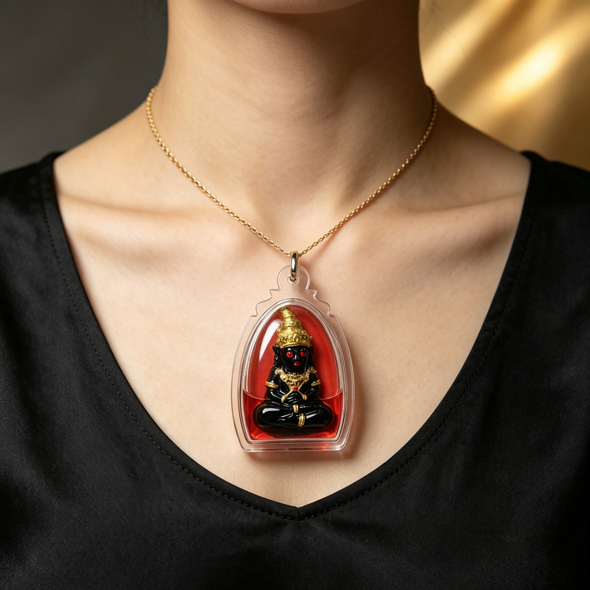 Thai Phra Ngan Amulet (Acrylic Red Liquid Edition), Thai Folk Pendant, Sacred Fortune-Wearing Talisman