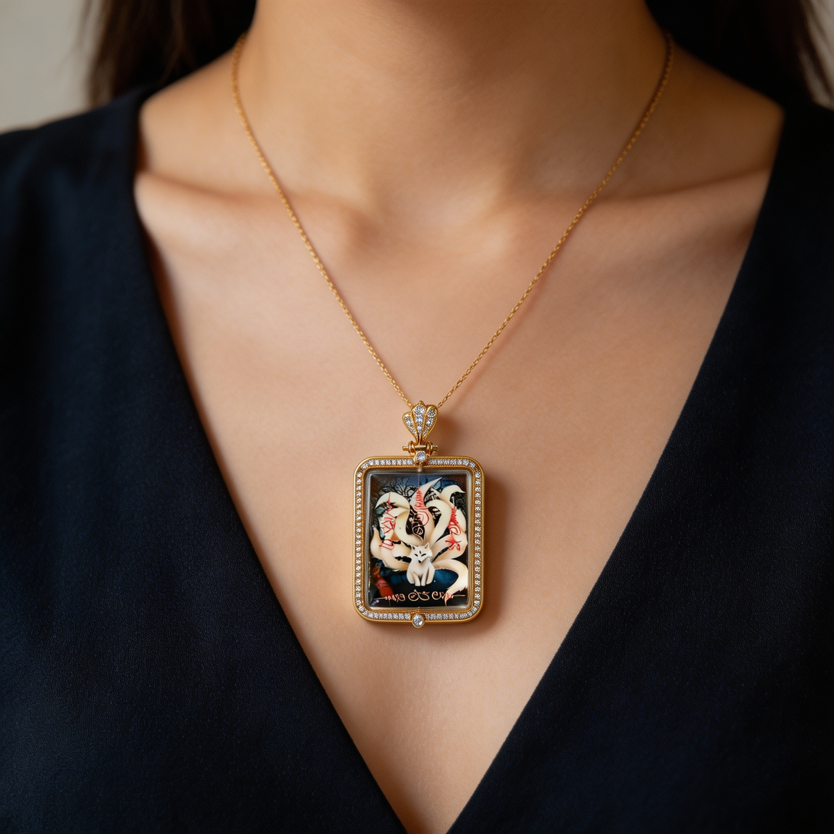 Thai Nine-Tailed Fox Fairy Amulet (Square Gold-Frame Diamond-Set), Thai Folk Pendant, Sacred Fortune-Wearing Talisman