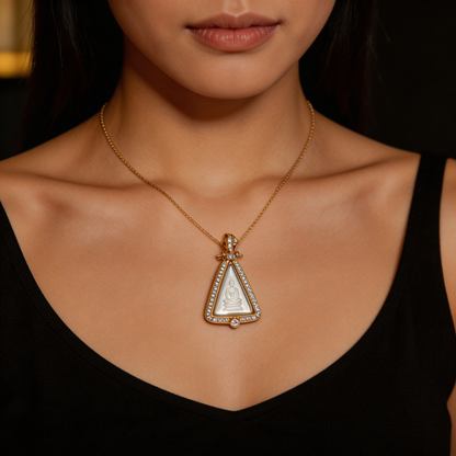 Thai Queen Nang Phaya Amulet (Gold-Frame Triangle White Stone), Thai Folk Pendant, Sacred Fortune-Wearing Talisman