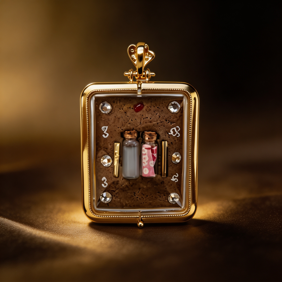 Thai Nine-Tailed Fox Fairy Amulet (Square Gold-Frame Diamond-Set), Thai Folk Pendant, Sacred Fortune-Wearing Talisman
