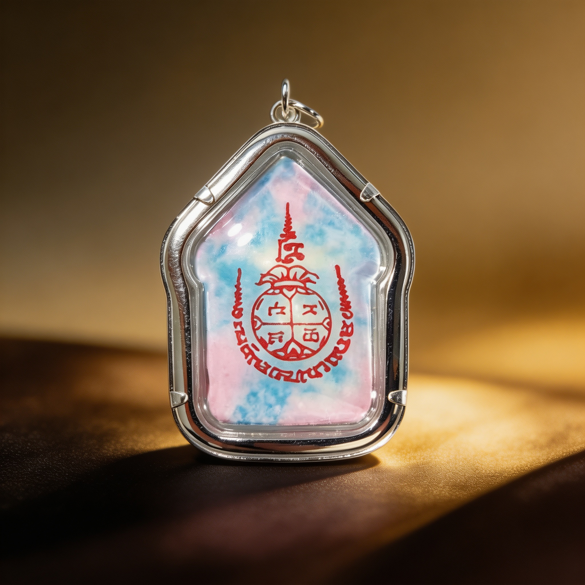 Thai Khun Paen Buddha Amulet (Silver-Frame Colored Stone), Thai Folk Pendant, Sacred Fortune-Wearing Talisman