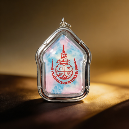 Thai Khun Paen Buddha Amulet (Silver-Frame Colored Stone), Thai Folk Pendant, Sacred Fortune-Wearing Talisman