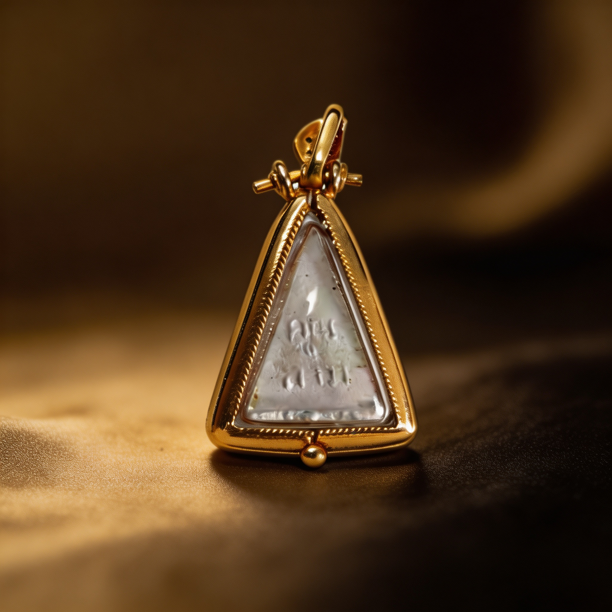 Thai Queen Nang Phaya Amulet (Gold-Frame Triangle White Stone), Thai Folk Pendant, Sacred Fortune-Wearing Talisman