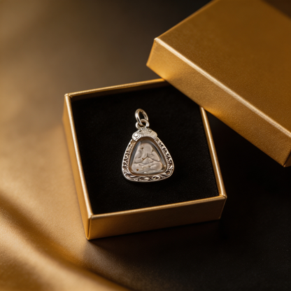 Thailändisches Phra Pidta Amulett mit verhülltem Buddha (Mini-Silberrahmen), thailändischer Volksanhänger, heiliger Glücksbringer