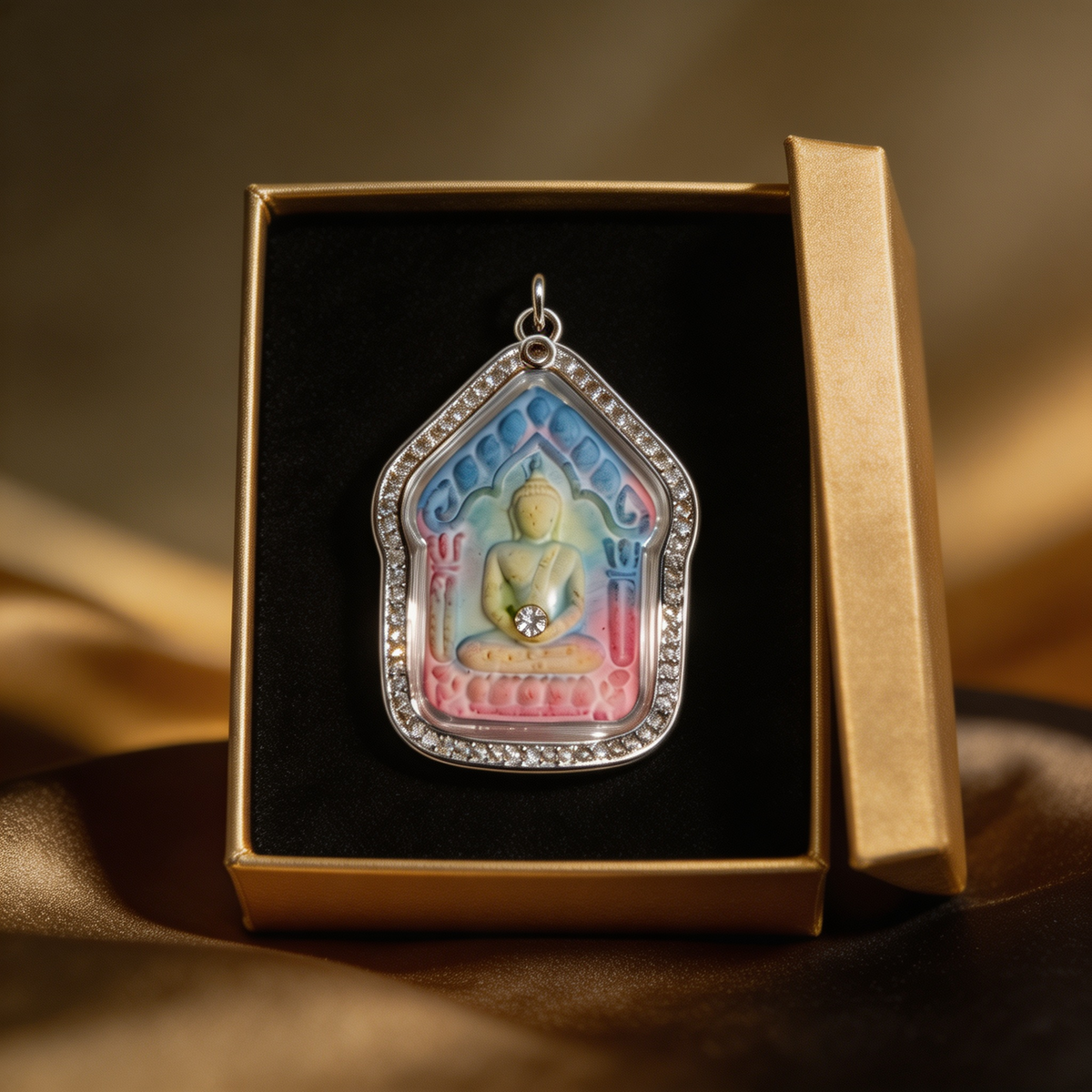 Thai Khun Paen Buddha Amulet (Silver-Frame Colored Stone), Thai Folk Pendant, Sacred Fortune-Wearing Talisman