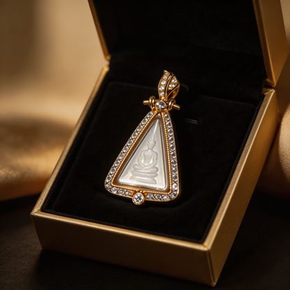 Thai Queen Nang Phaya Amulet (Gold-Frame Triangle White Stone), Thai Folk Pendant, Sacred Fortune-Wearing Talisman