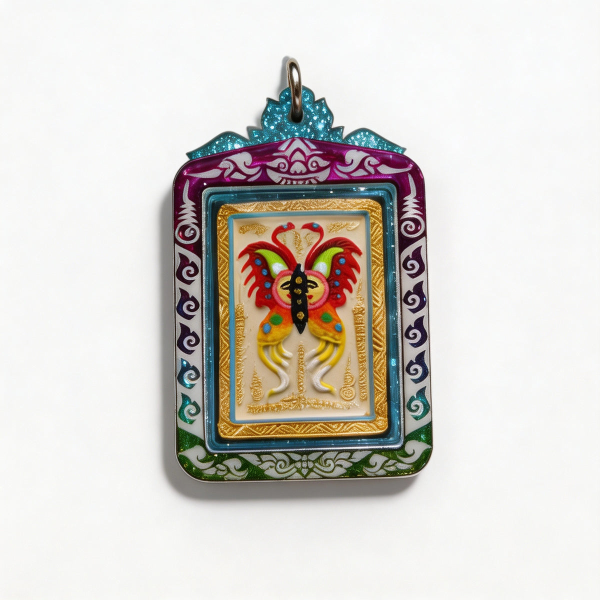 Amulette thaïlandaise de la déesse papillon (bordure irisée), pendentif folklorique thaïlandais, talisman sacré porte-bonheur