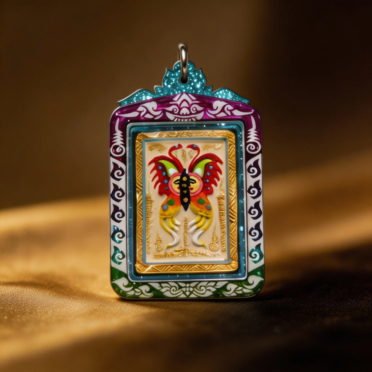 Amulette thaïlandaise de la déesse papillon (bordure irisée), pendentif folklorique thaïlandais, talisman sacré porte-bonheur